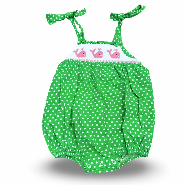 size 18 month smocked auctions green polka dots with pink smocked whales Default Title / 18 month / -