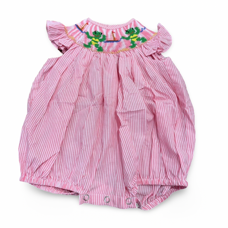 Size 6 month Remember Nguyen pink/white striped smocked bubble w/ frogs, sailboats Default Title / 6 month / Girl