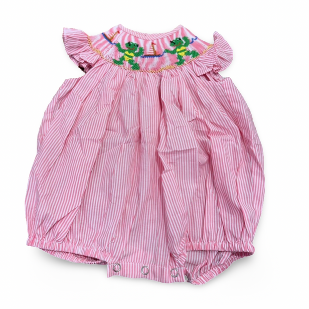 Size 6 month Remember Nguyen pink/white striped smocked bubble w/ frogs, sailboats Default Title / 6 month / Girl