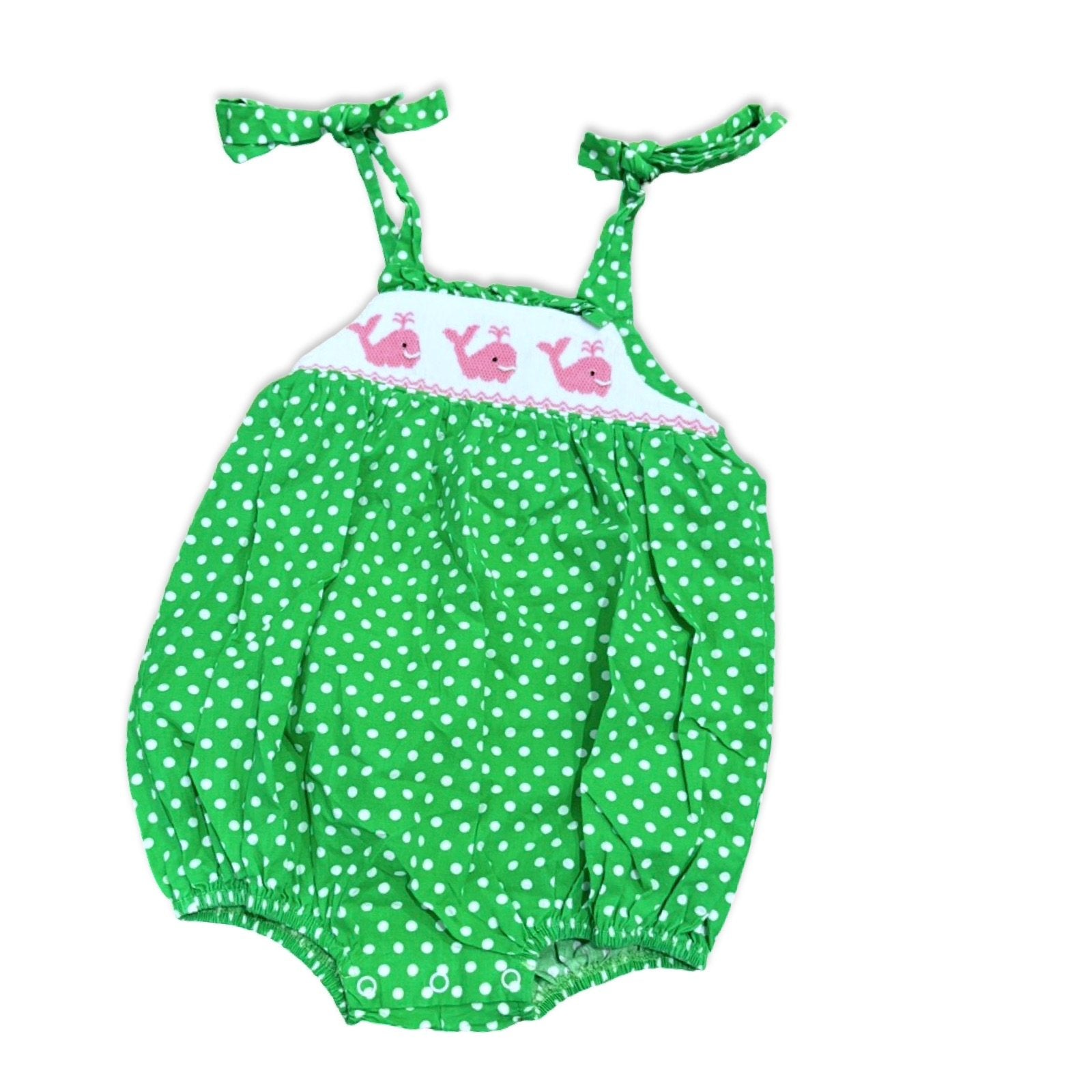 Size 18 month green and white polka dot bubble with pink smocked whales Default Title / 18 month / Girl