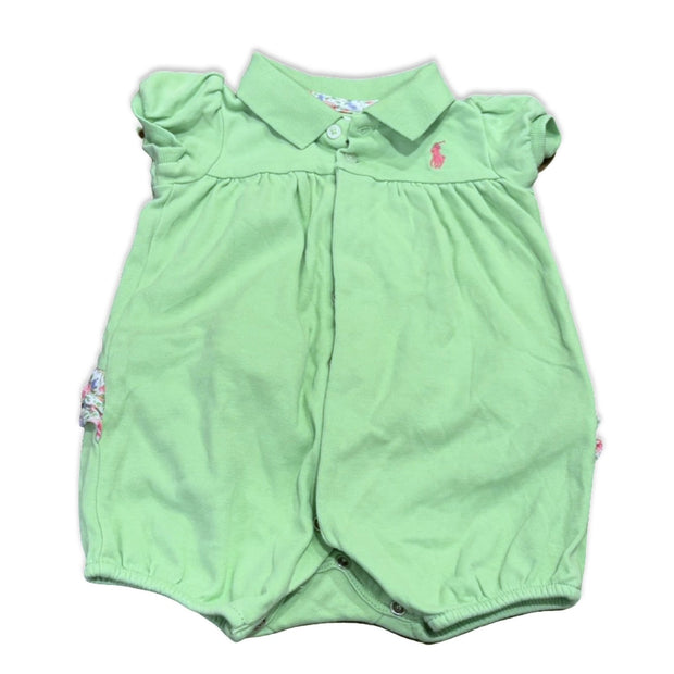 Size 6 month Ralph Lauren lime green romper with floral ruffles on the bum and pink rider Default Title / 6 month / Girl