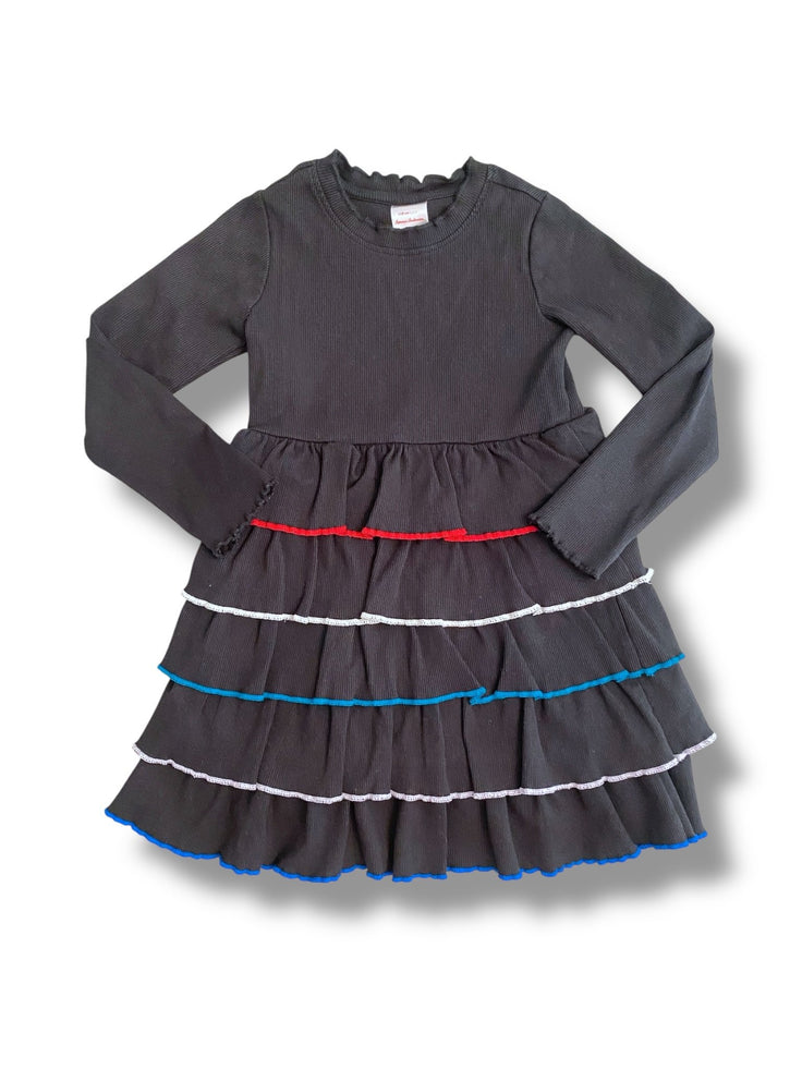 Size 5 Hanna Andersson black ribbed tiered dress with red/white/blue trim on the ends Default Title / 5 / Girl