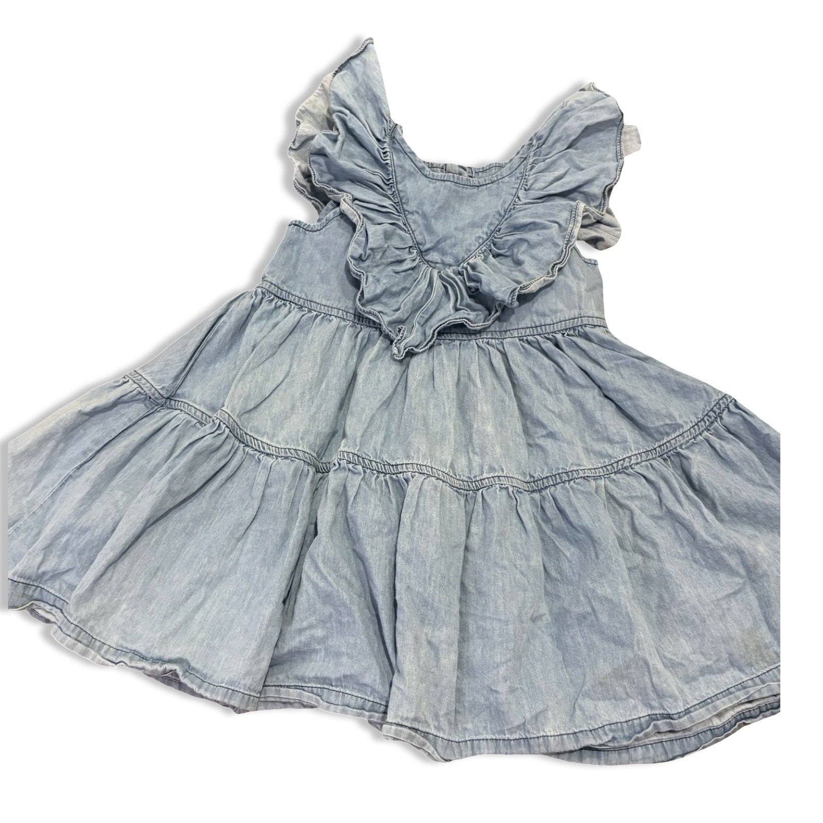 Size 4 Pink chicken denim chambray tank dress with v ruffle on chest, some wear Default Title / 4 / Girl