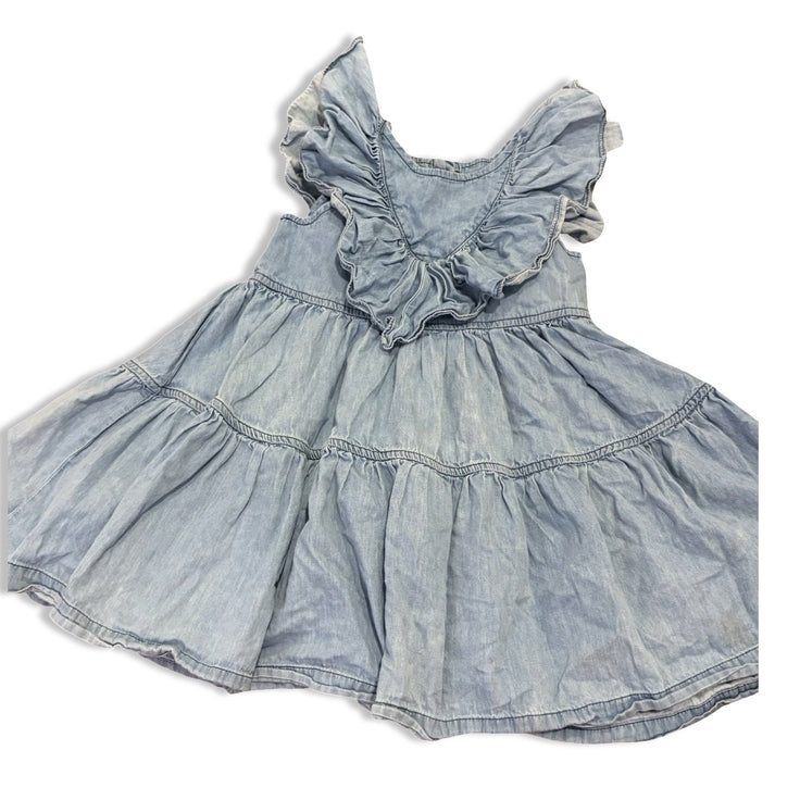 Size 4 Pink chicken denim chambray tank dress with v ruffle on chest, some wear Default Title / 4 / Girl