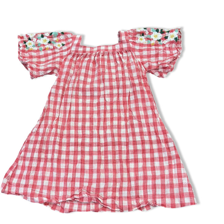Size 4 Bonbon light red/white check linen dress with embroidered floral sleeves Default Title / 4 / Girl