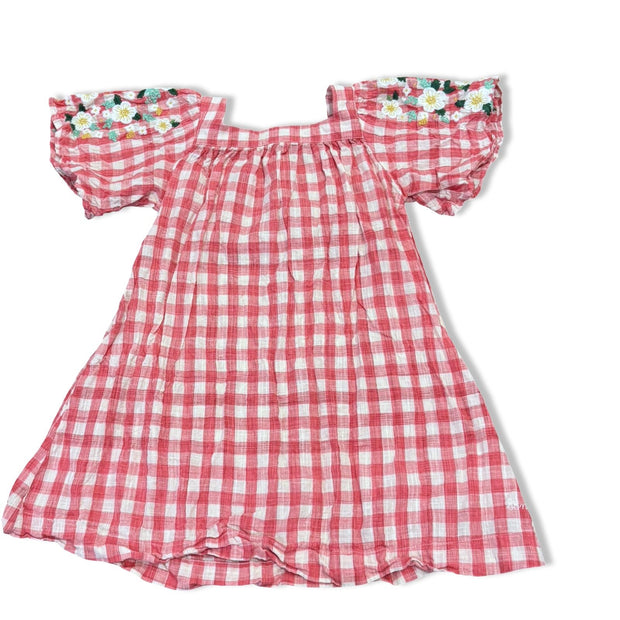 Size 4 Bonbon light red/white check linen dress with embroidered floral sleeves Default Title / 4 / Girl