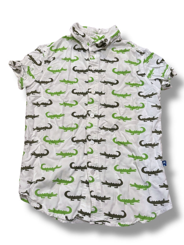 Size 6/8 Kickee Kids white button-up shirt w/ two-tone green alligators Default Title / 8-Jun / Boy