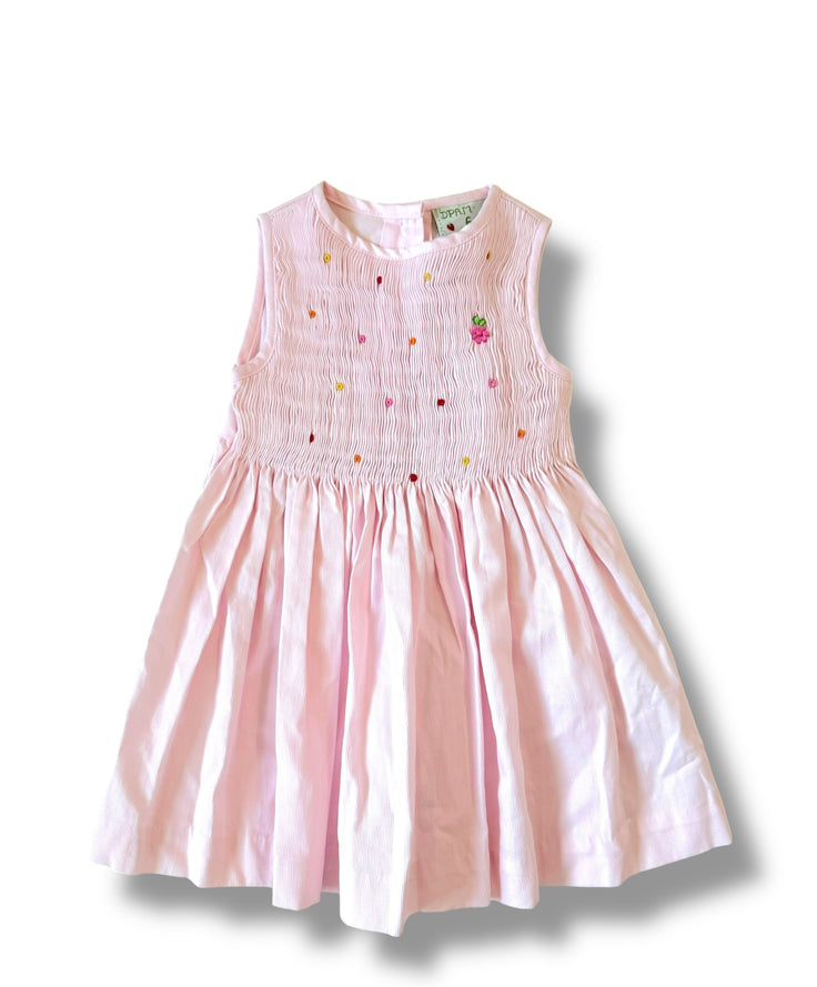 Size 6 month Dpam light pink smocked dress with pink, red, yellow embroidered dots Default Title / 6 month / Girl