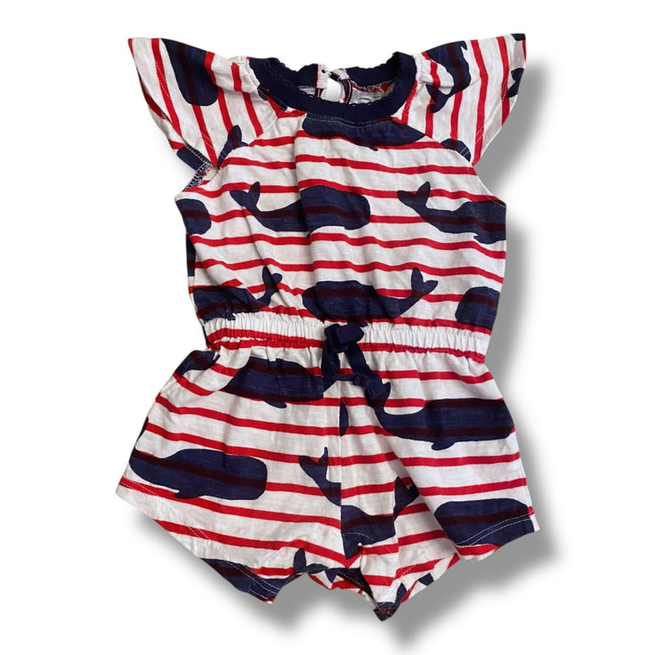 Size 6-9 month Hatley red/white striped romper with blue whales Default Title / 6-9 month / Girl