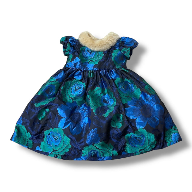 Size 2 Janie and Jack blue green floral dress with fur collar Default Title / 2 / Girl