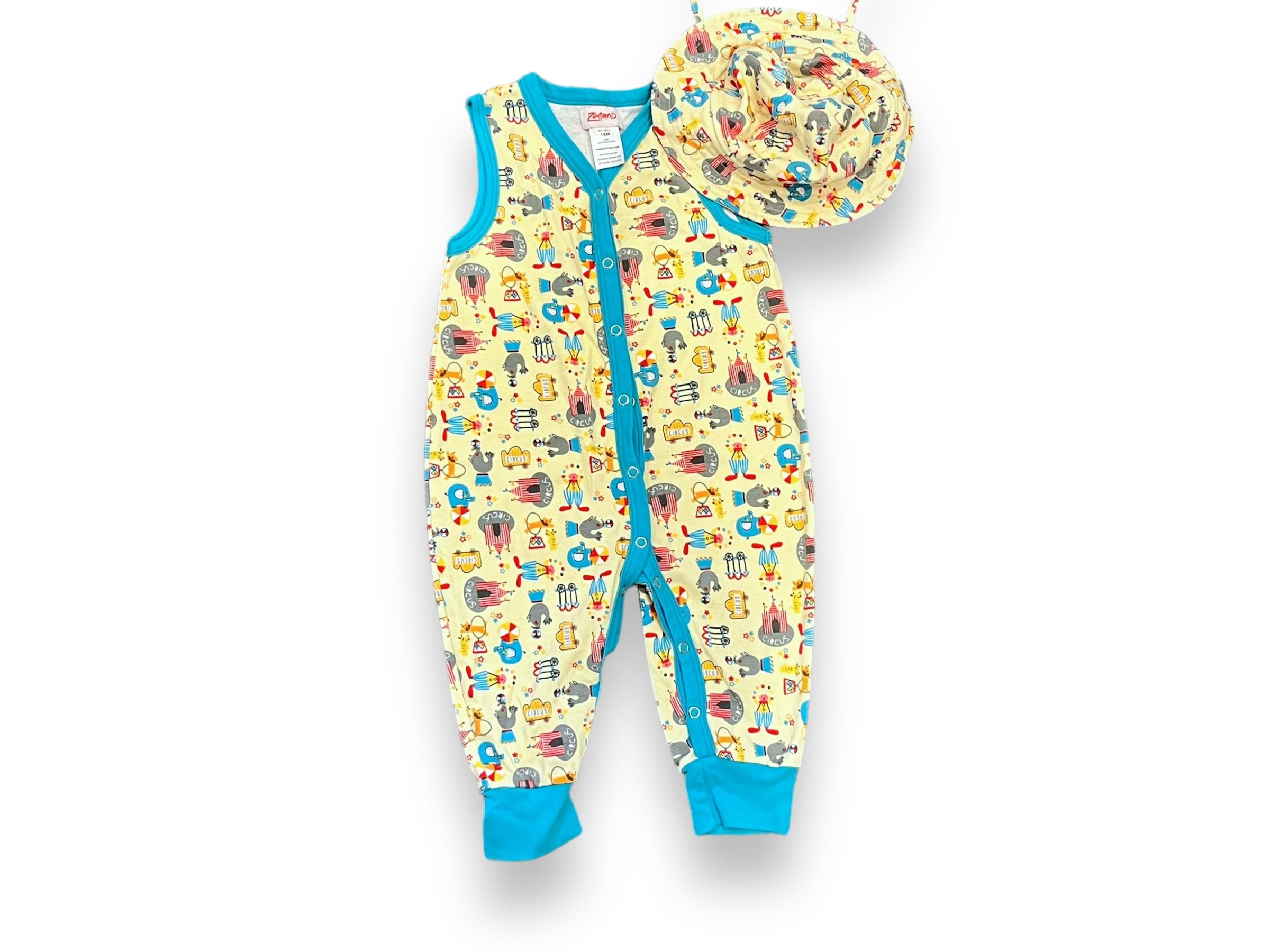 Size 18 month Zutano yellow circus tank romper and hat with aqua trim Default Title / 18 month / Boy