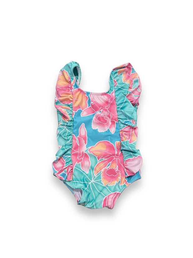 Size 2 Kiddy Flowers aqua/teal/pink tropical one piece Default Title / 2 / -