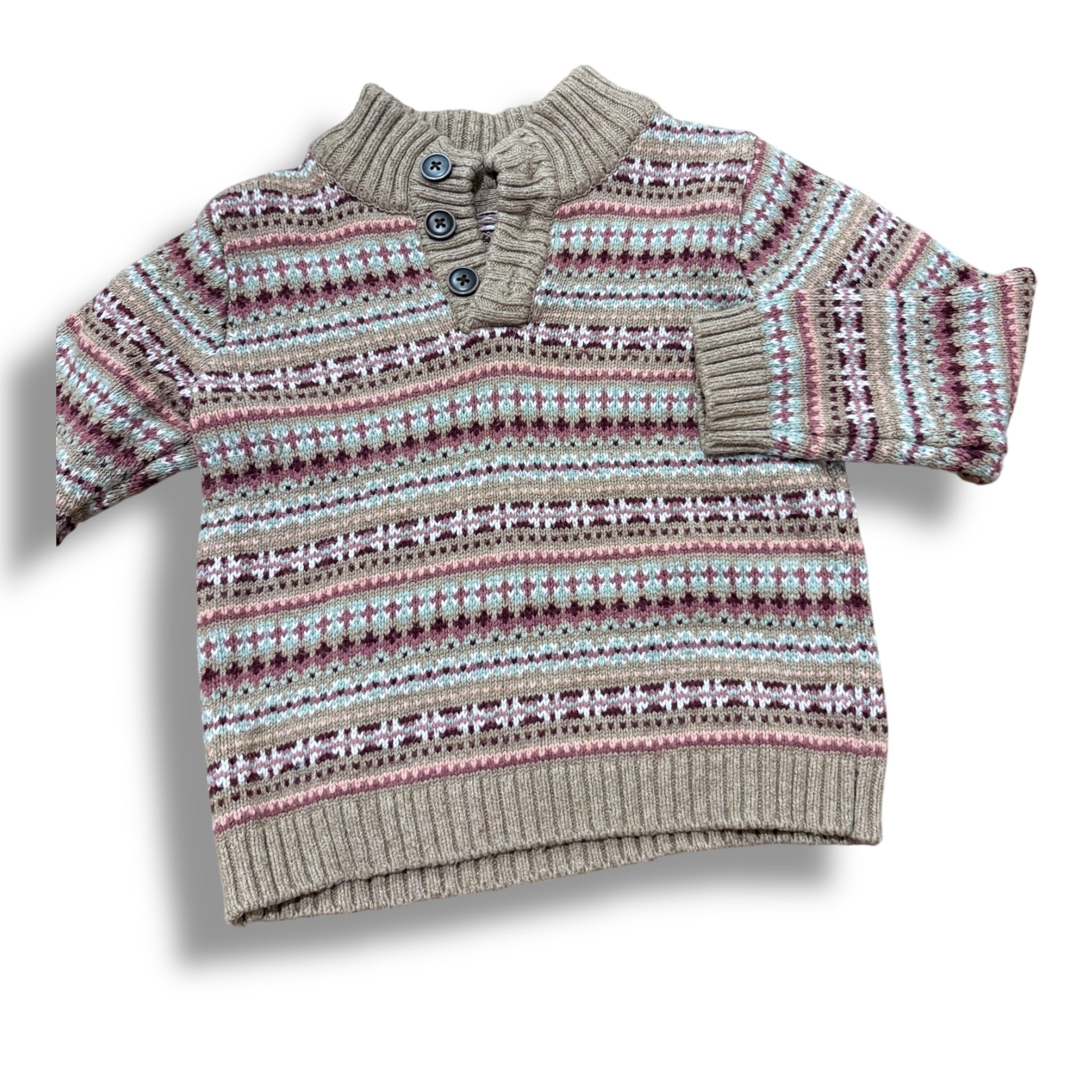 Size 2 Janie and jack tan sweater with mauve pattern, button neck Default Title / 2 / Boy