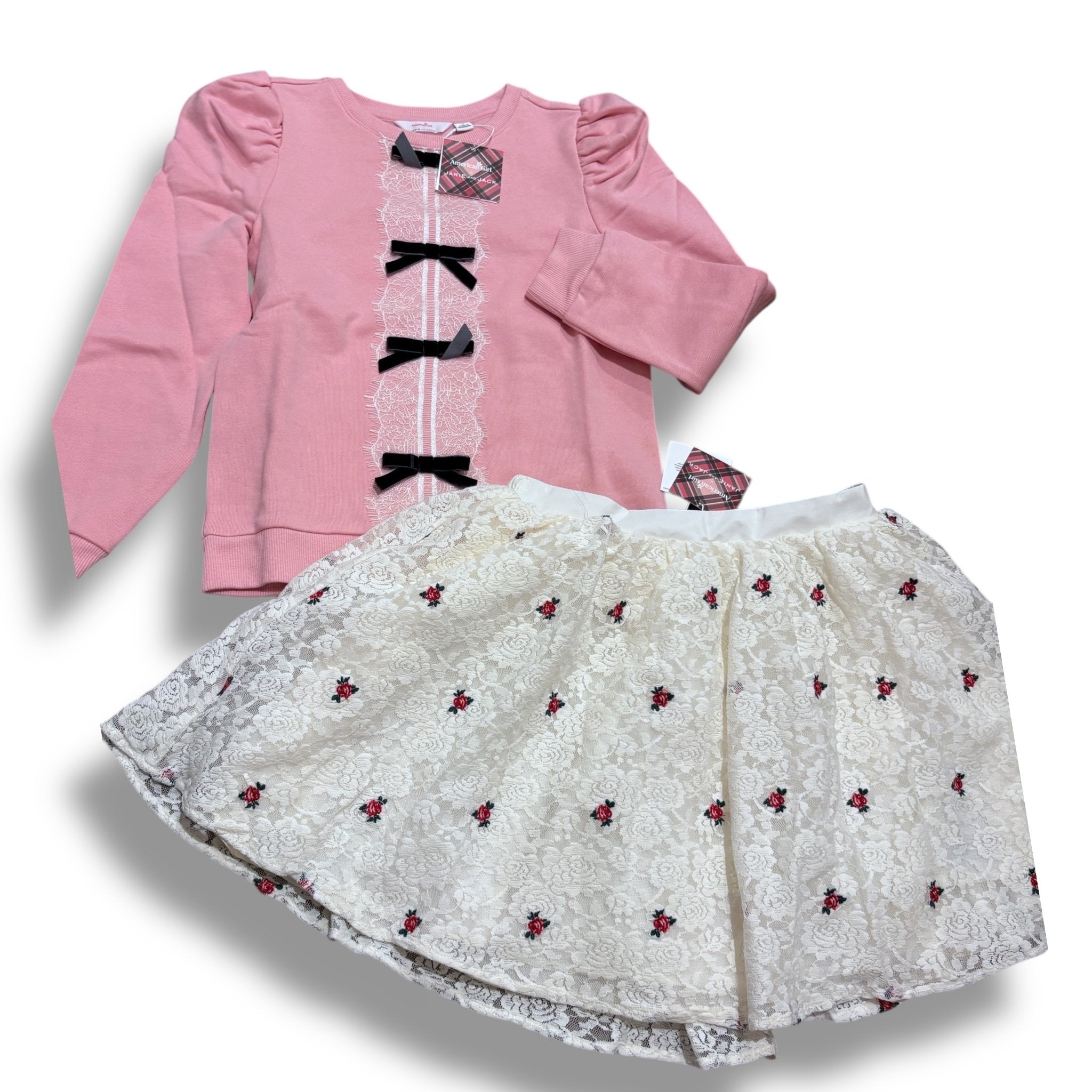 Size 12 American Girl for Janie and Jack set: pink sweatshirt w/ black bows, lace skirt w/ tiny rosebuds NWT Default Title / 12 / Girl