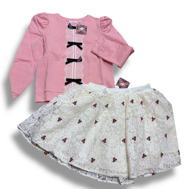 Size 12 American Girl for Janie and Jack set: pink sweatshirt w/ black bows, lace skirt w/ tiny rosebuds NWT Default Title / 12 / Girl