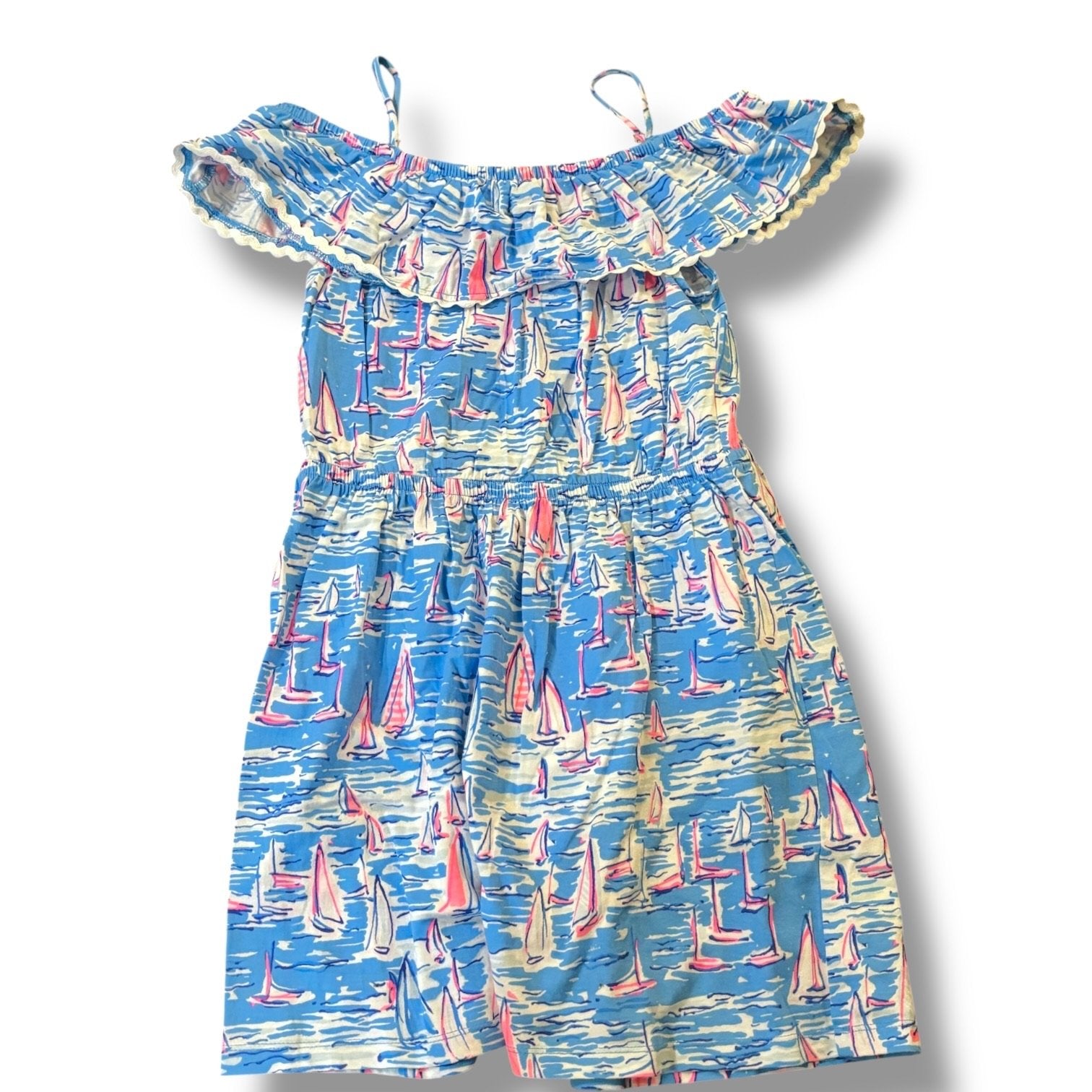 Size 10 Lilly Pulitzer off the shoulder dress w/ pink sailboats, ocean Default Title / 10 / Girl