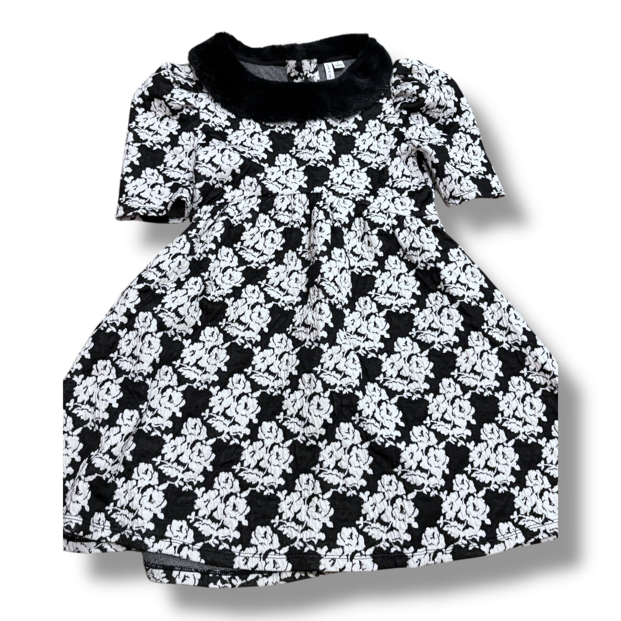 Size 10 Janie and Jack black & white geometric floral print dress w/ fur collar Default Title / 10 / Girl