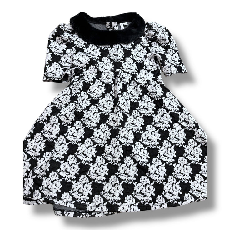 Size 10 Janie and Jack black & white geometric floral print dress w/ fur collar Default Title / 10 / Girl