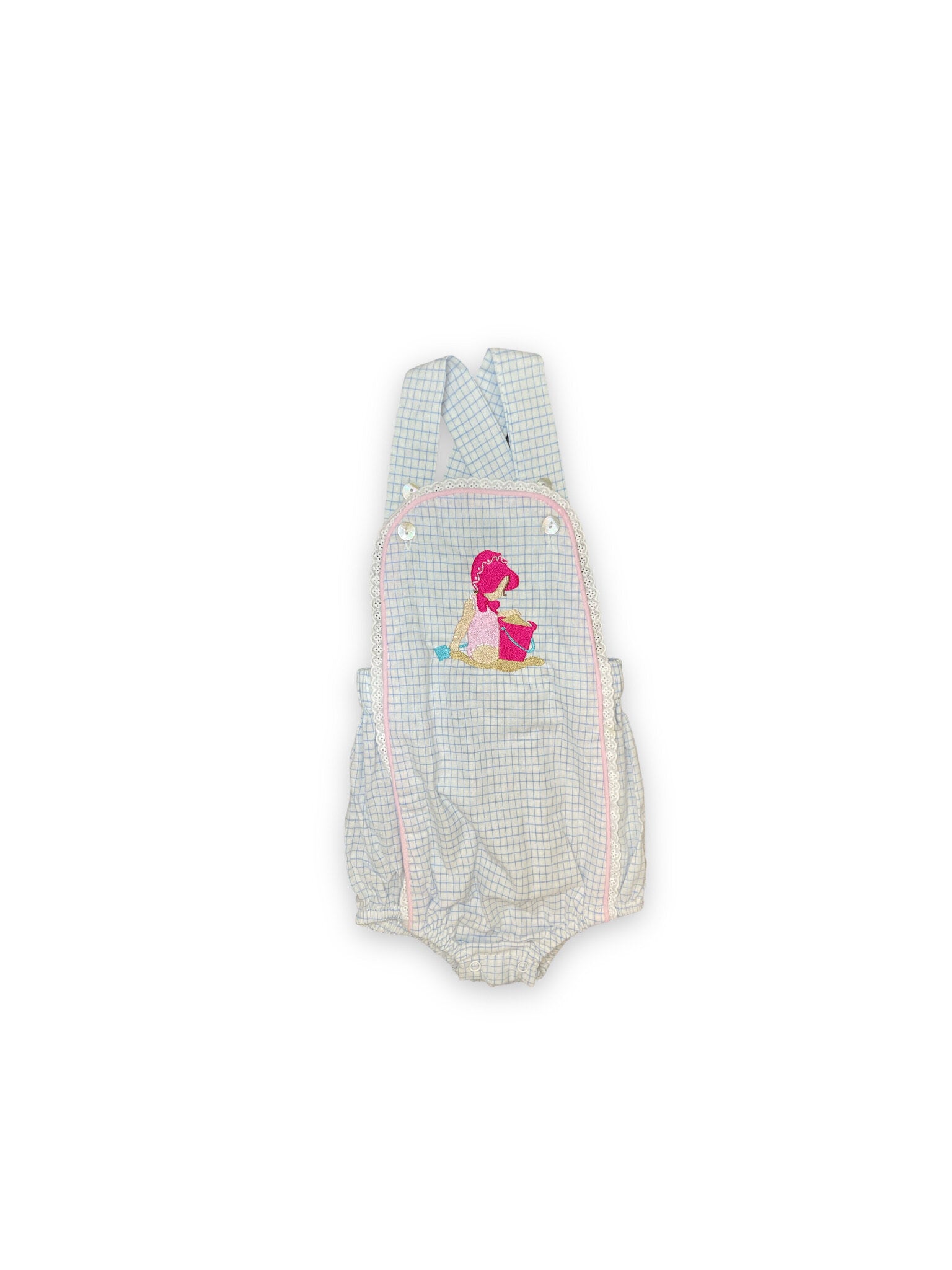 Size 24 month Oaks Apparel window pane check bubble with embroidered girl with sand bucket Default Title / 2 / Girl
