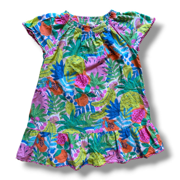 Size 7-8 Boden multi-color tropical fruit cap sleeve dress with elastic neckline and small pink pom details Default Title / 8-Jul / Girl