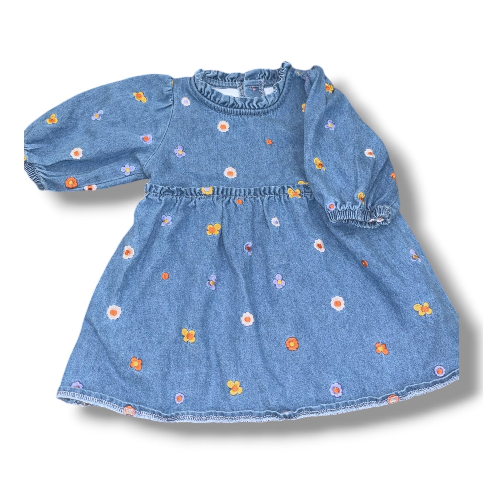 Size 12-18 month Mudpie denim dress w/ purple/pink/orange embroidered flowers Default Title / 12-18 month / Girl