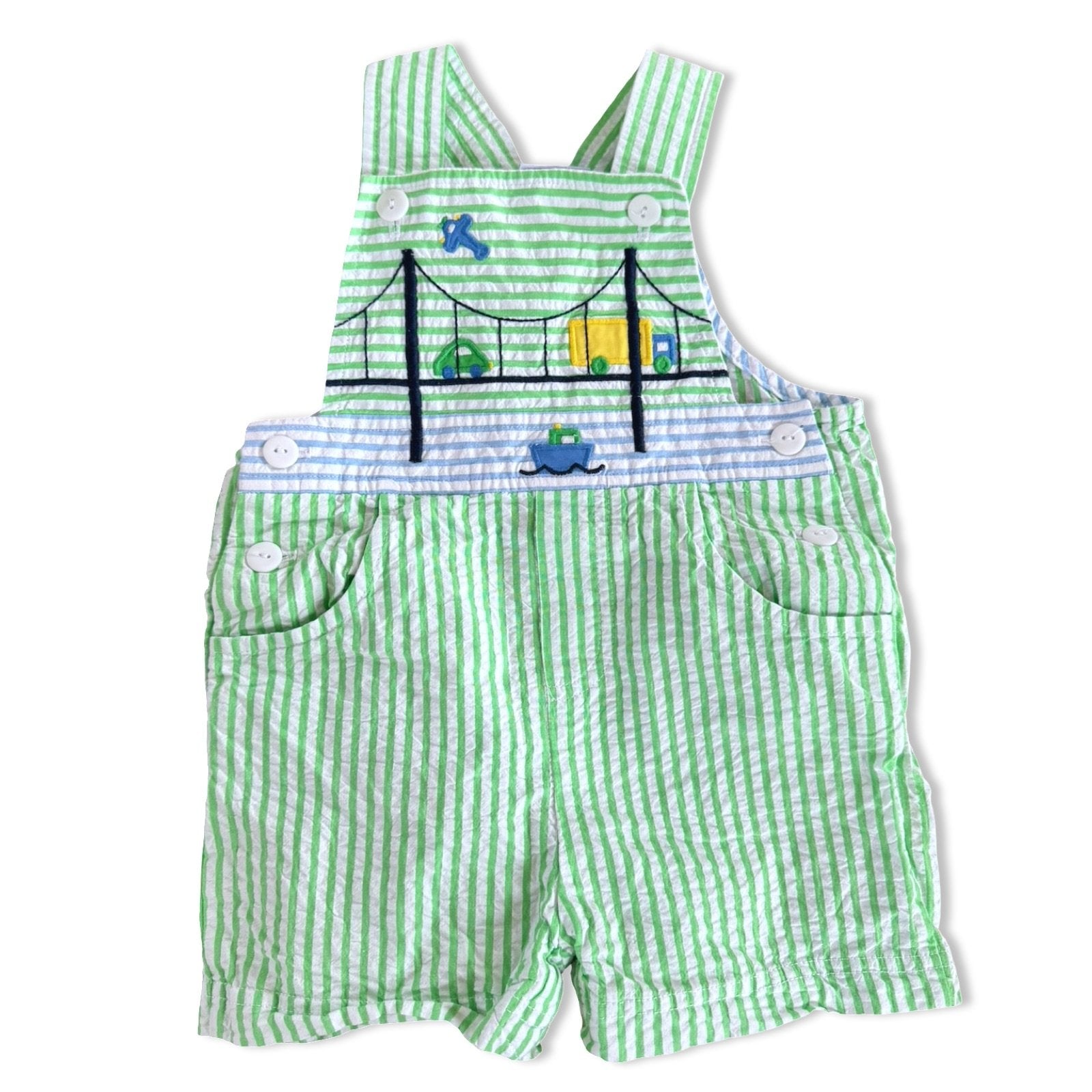 Size 18 month Florence Eiseman green and white stripe seersucker overall with blue and yellow transportation Default Title / 18 month / Boy