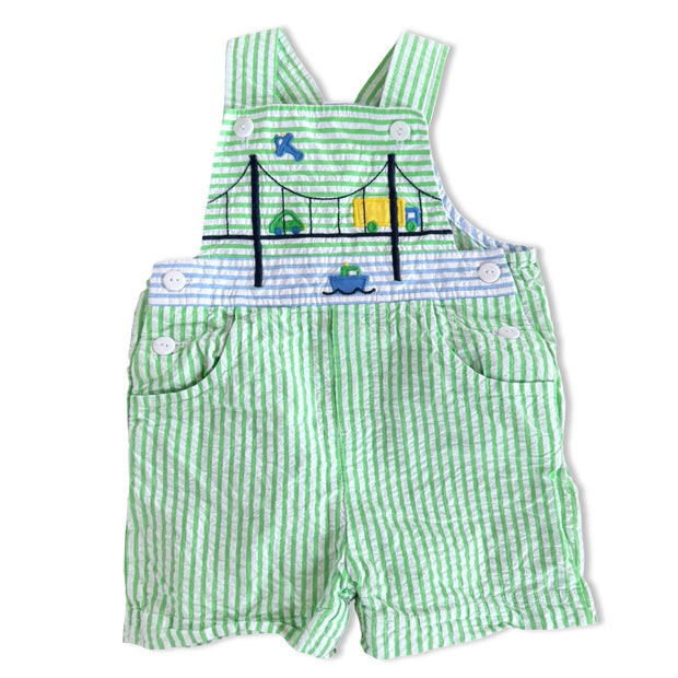 Size 18 month Florence Eiseman green and white stripe seersucker overall with blue and yellow transportation Default Title / 18 month / Boy