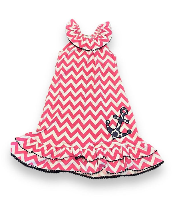 Size 6 Shrimp and Grits kids pink/white chevron dress with nay anchor Default Title / 6 / Girl