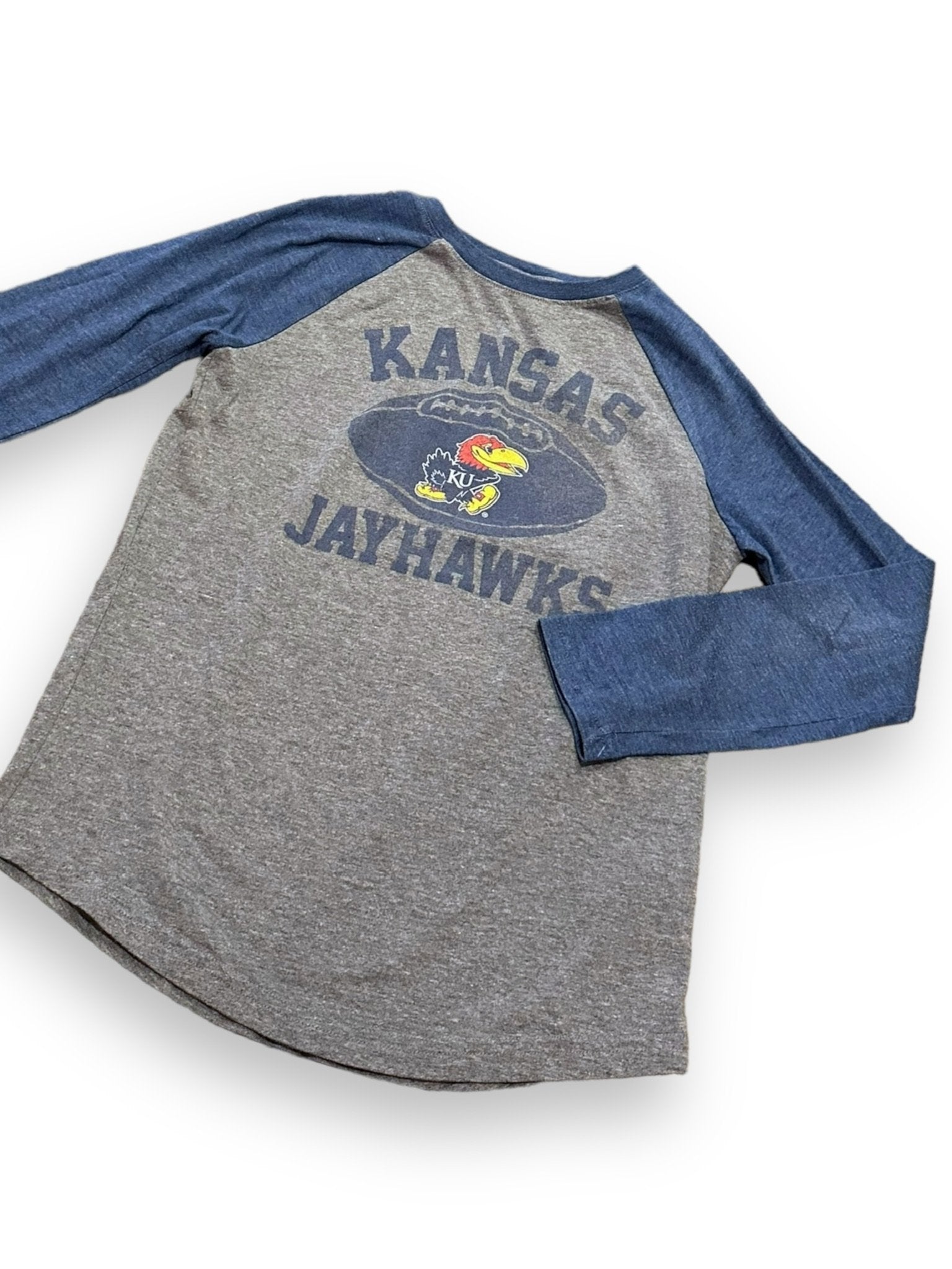 Size 12/14 grey Kansas Jayhawks tee with blue sleeves Default Title / 14-Dec / -