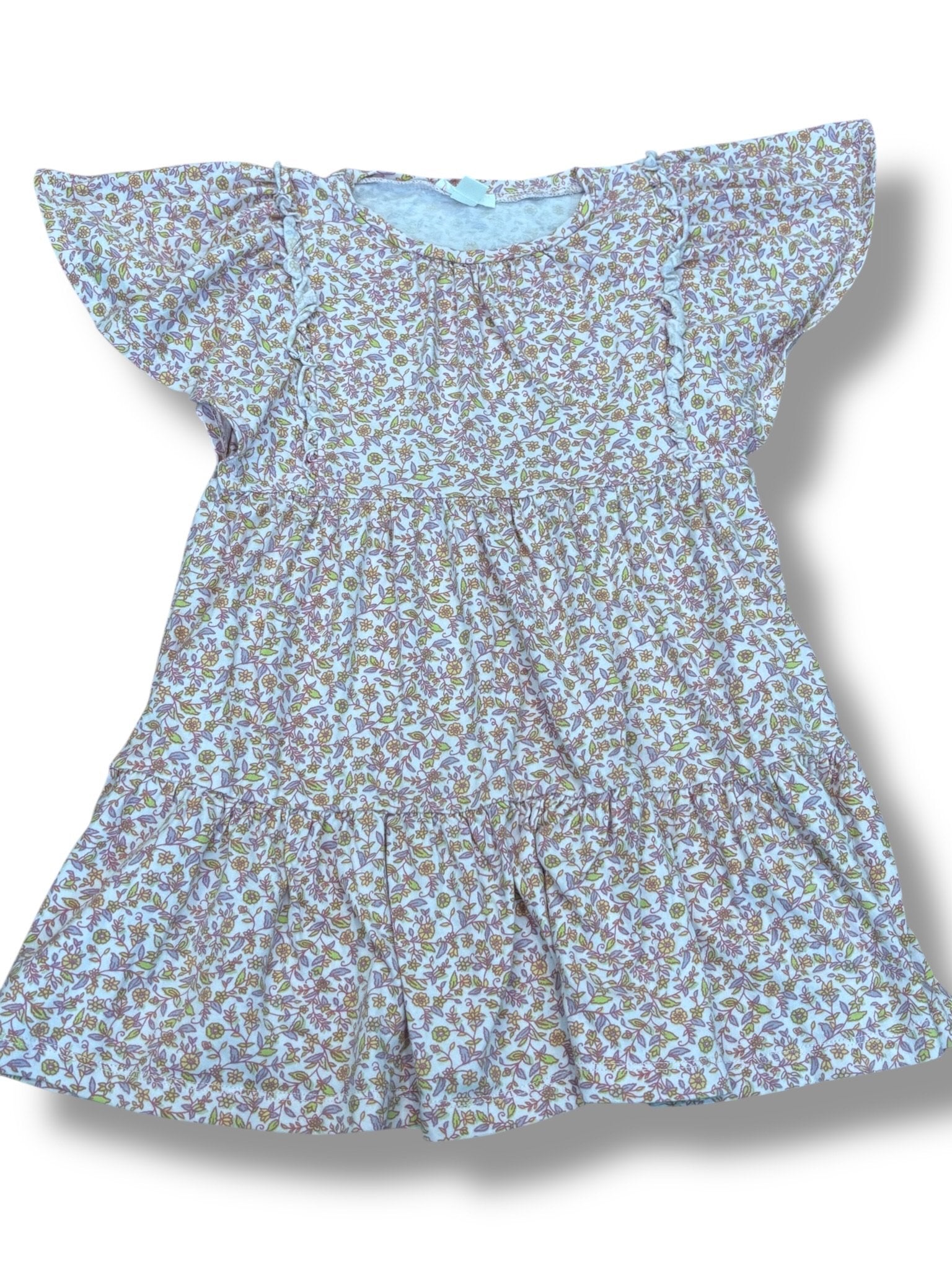 Size 5 Crewcuts pale pink flutter-sleeve dress w/ purple/green flowers Default Title / 5 / Girl