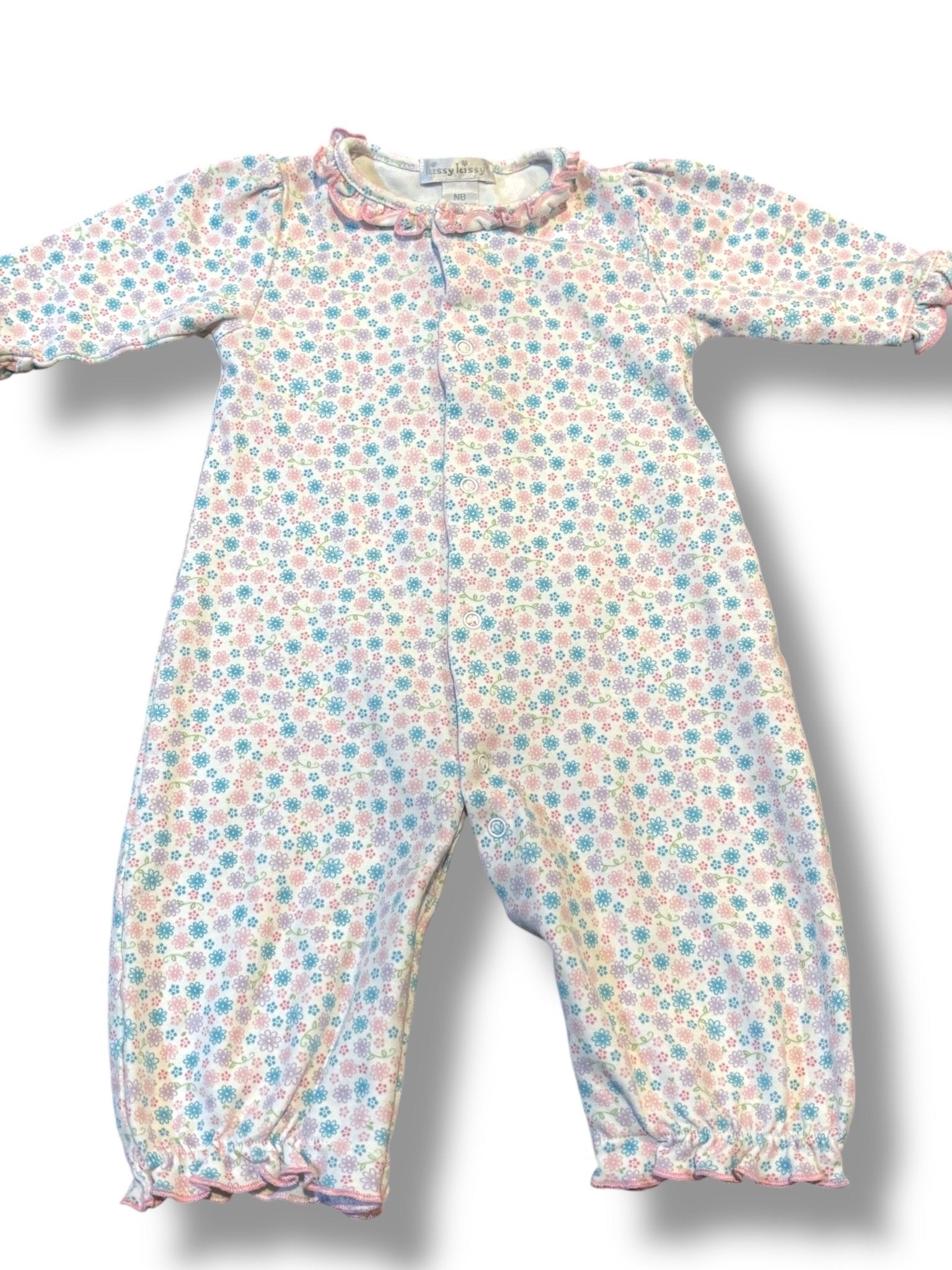 Size NB Kissy Kissy white sleeper W/ purple/pink/teal flowers, pink ruffle collar Default Title / Newborn / Girl
