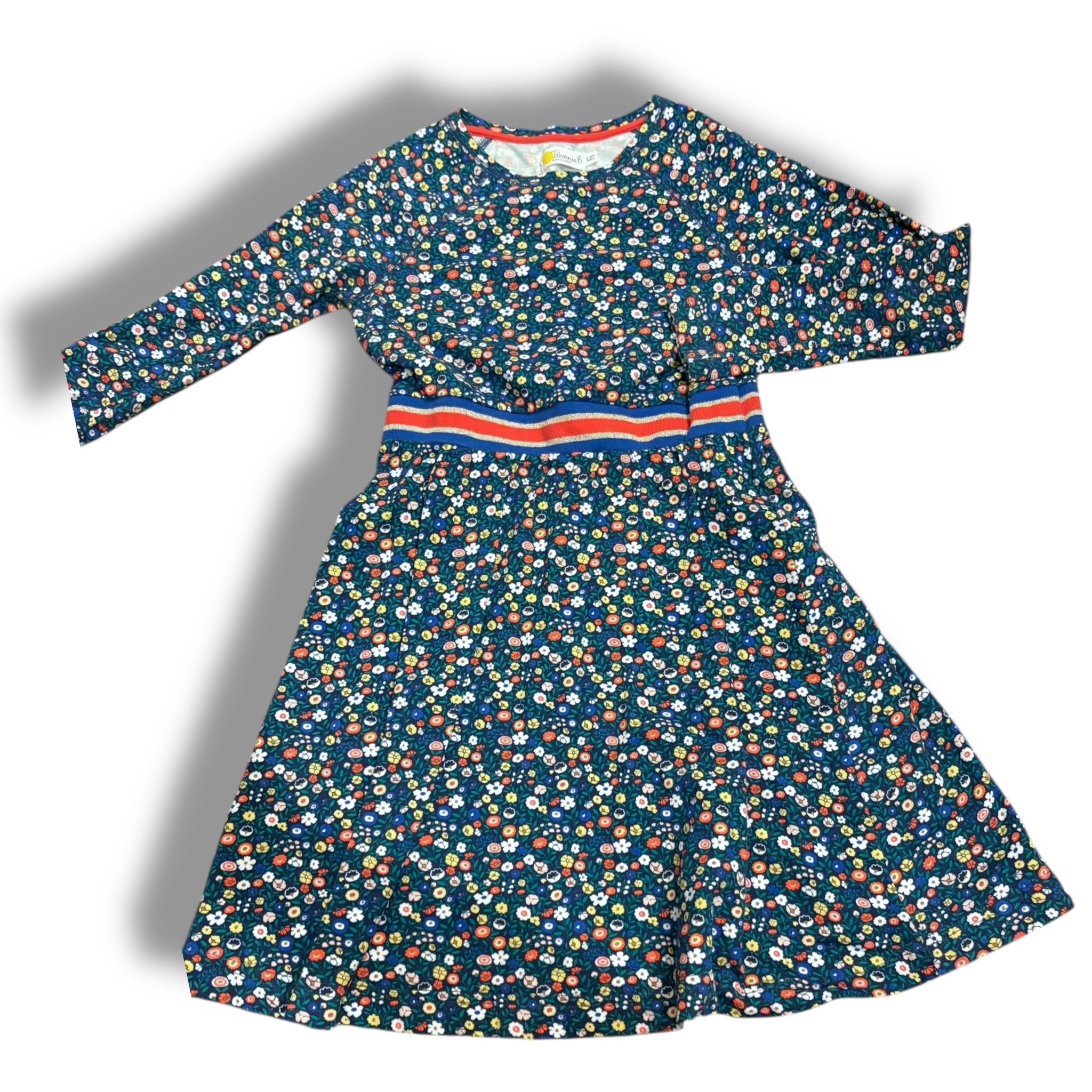 Size 9-10 Boden navy floral dress with orange/gold/navy band at waist Default Title / 10-Sep / Girl