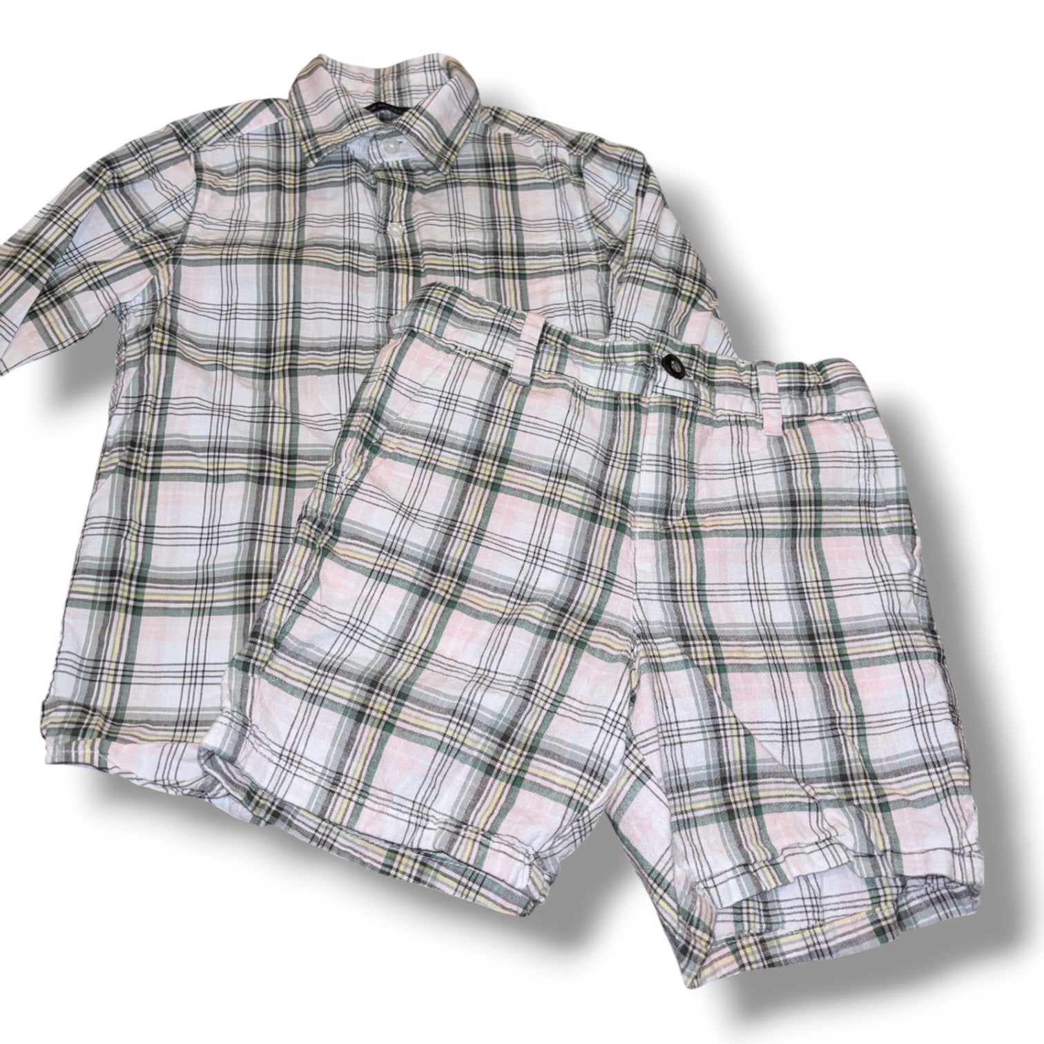 Size 5 Janie and Jack white/green/yellow/pink plaid set - button-up shirt & linen shorts Default Title / 5 / Boy