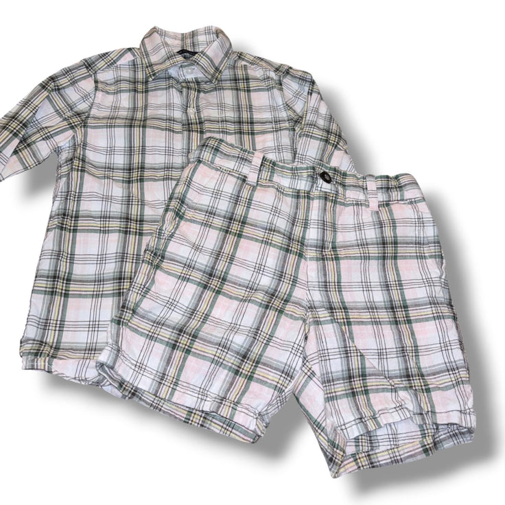 Size 5 Janie and Jack white/green/yellow/pink plaid set - button-up shirt & linen shorts Default Title / 5 / Boy