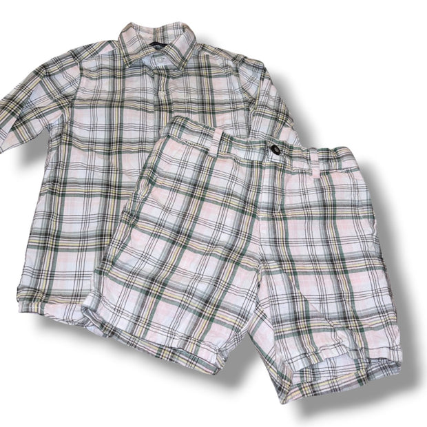 Size 5 Janie and Jack white/green/yellow/pink plaid set - button-up shirt & linen shorts Default Title / 5 / Boy
