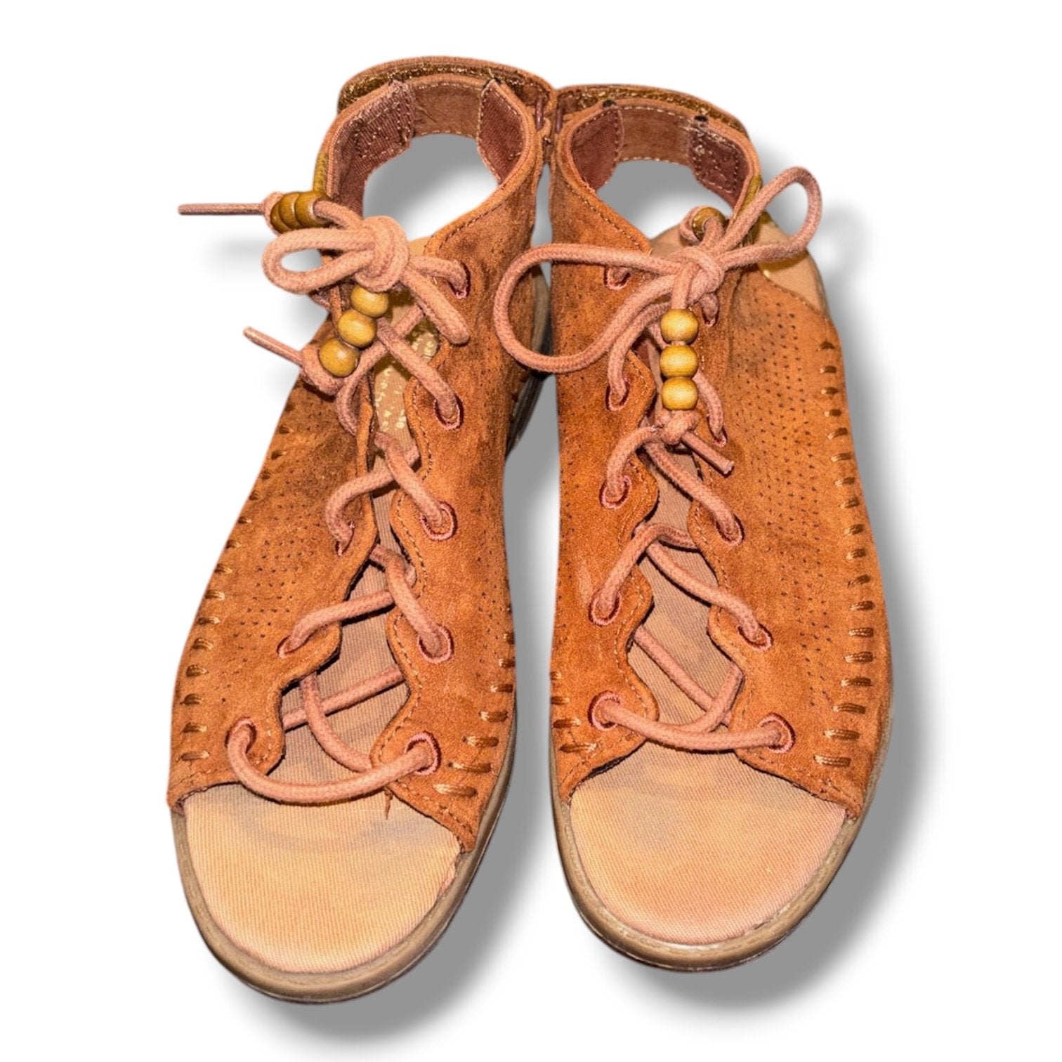 Size Girls 1 TOMS brown suede lace-up sandals w/ Velcro strap at heel Default Title / 1 / Girl