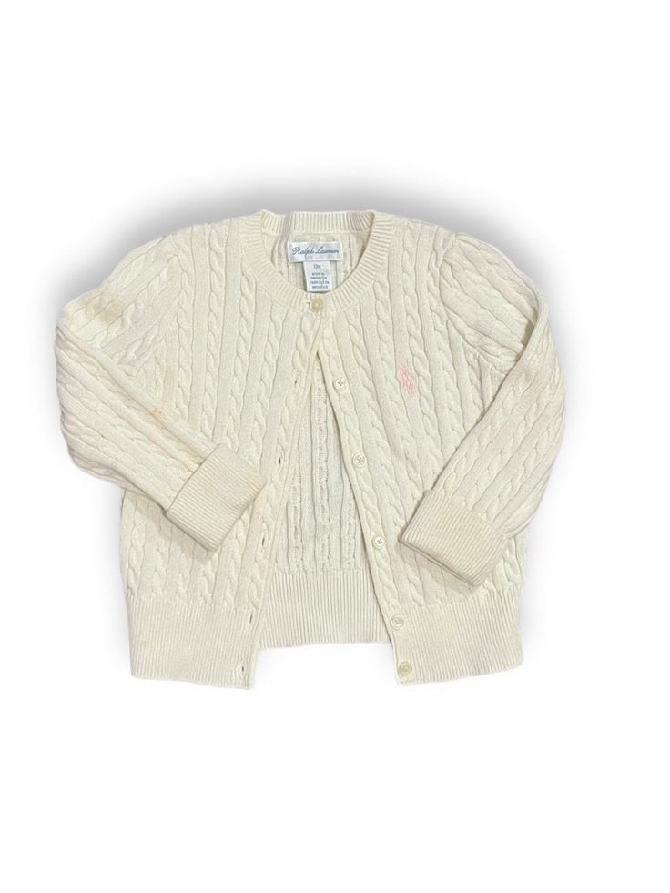 Size 12 month Ralph Lauren cream knit cardigan with pink logo Default Title / 12 / -