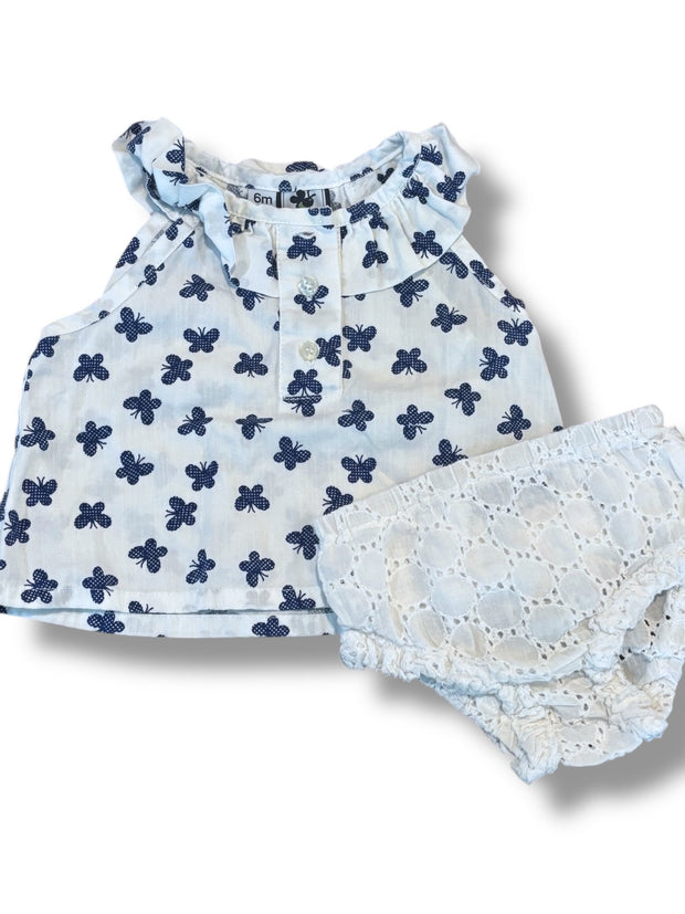 Size 6 month Busy Bees white top w/ royal blue butterflies; eyelet bloomers Default Title / 6 month / Girl