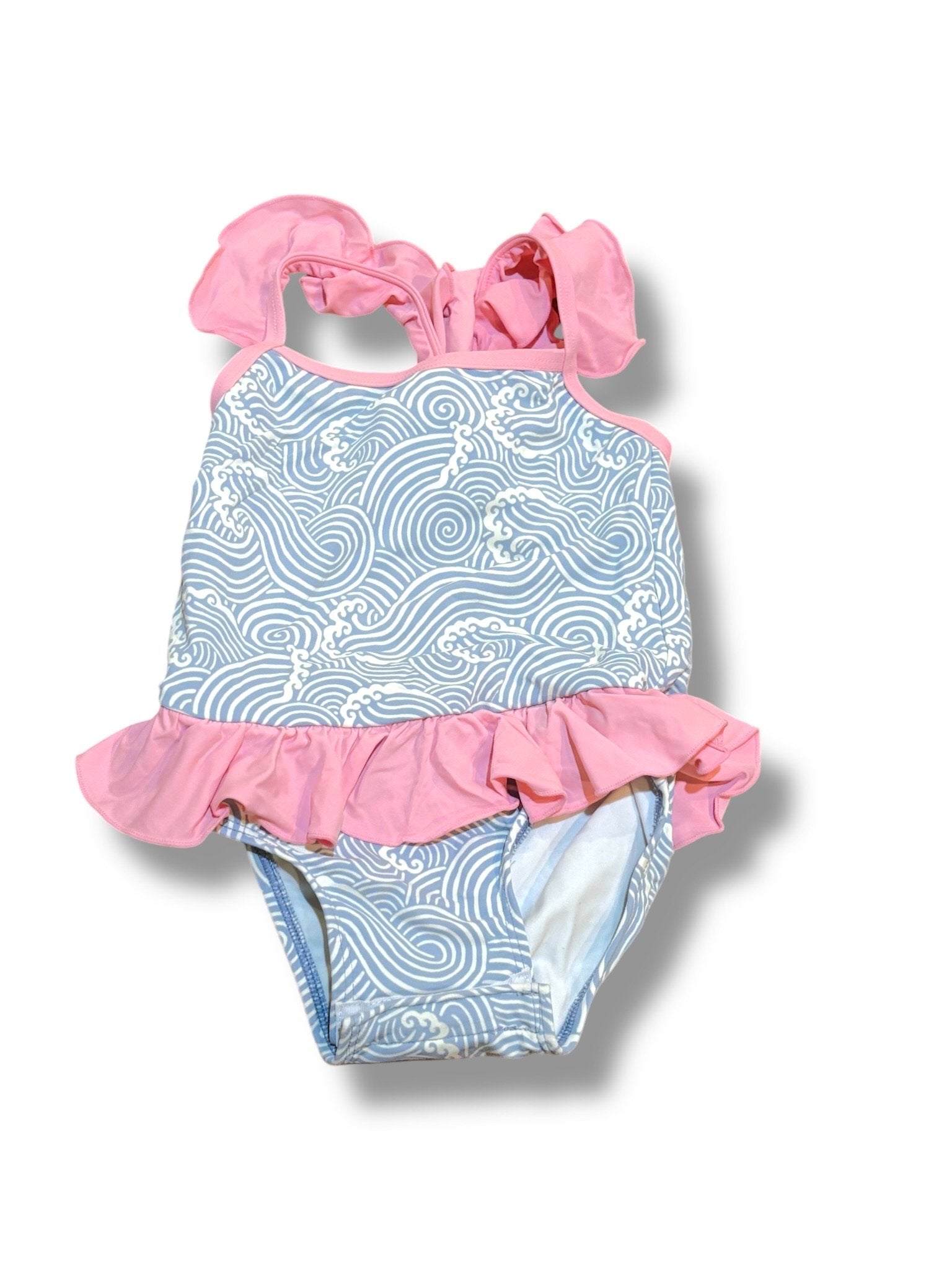 Size 12-18 month TBBC blue/white waves swim suit with pink ruffle and straps- white is offwhite Default Title / 12-18 month / Girl