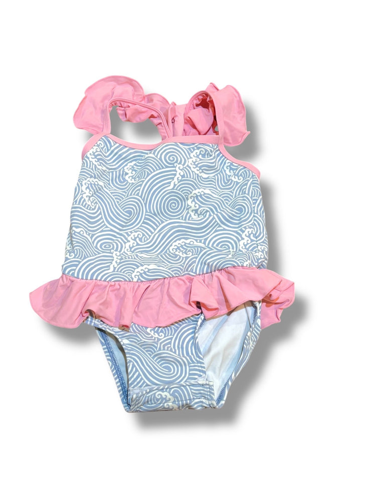 Size 12-18 month TBBC blue/white waves swim suit with pink ruffle and straps- white is offwhite Default Title / 12-18 month / Girl