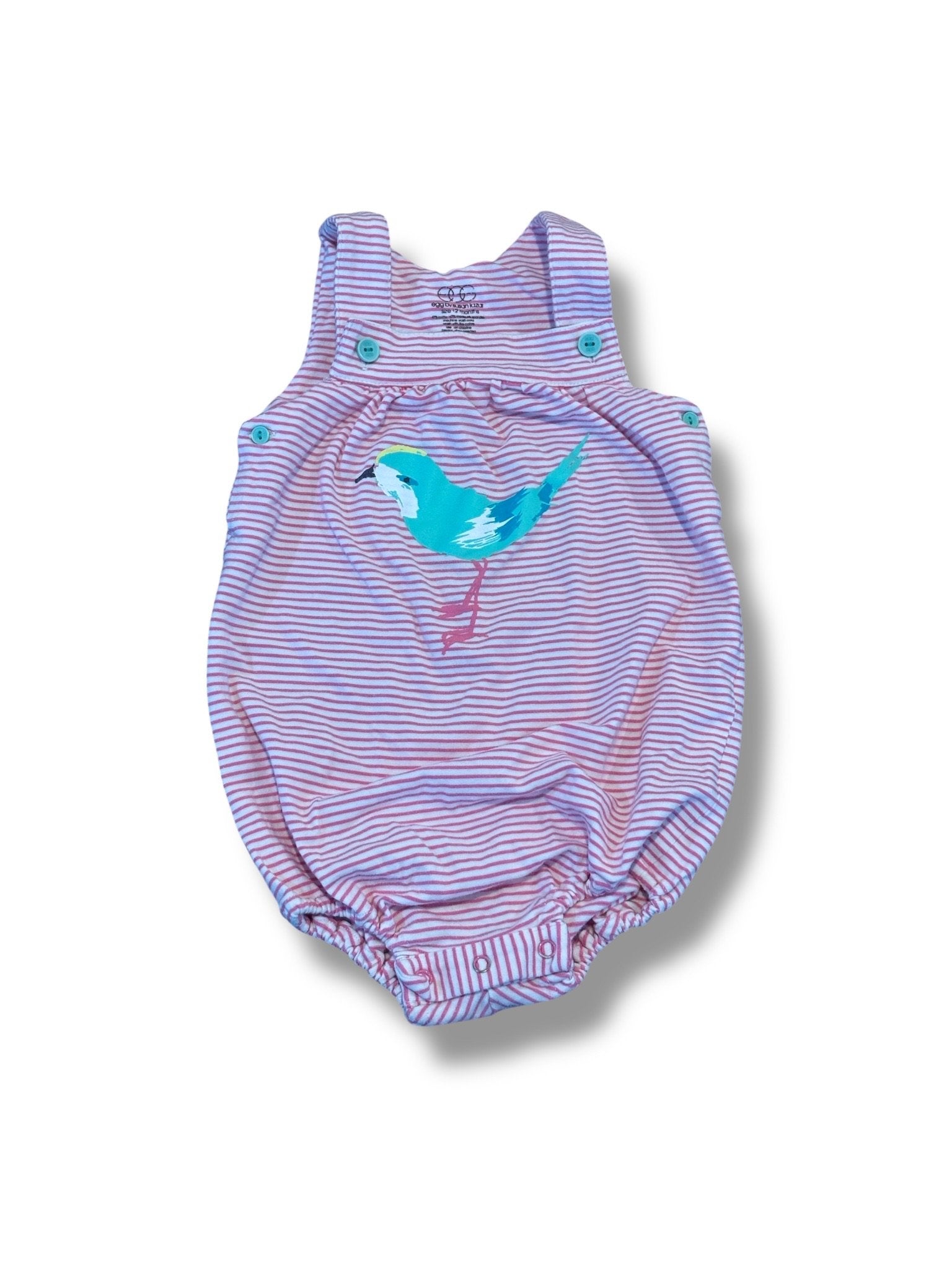 Size 12 month Egg pink/white striped romper w/ teal bird Default Title / 12 / Girl