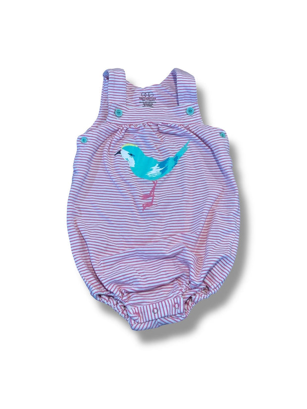 Size 12 month Egg pink/white striped romper w/ teal bird Default Title / 12 / Girl