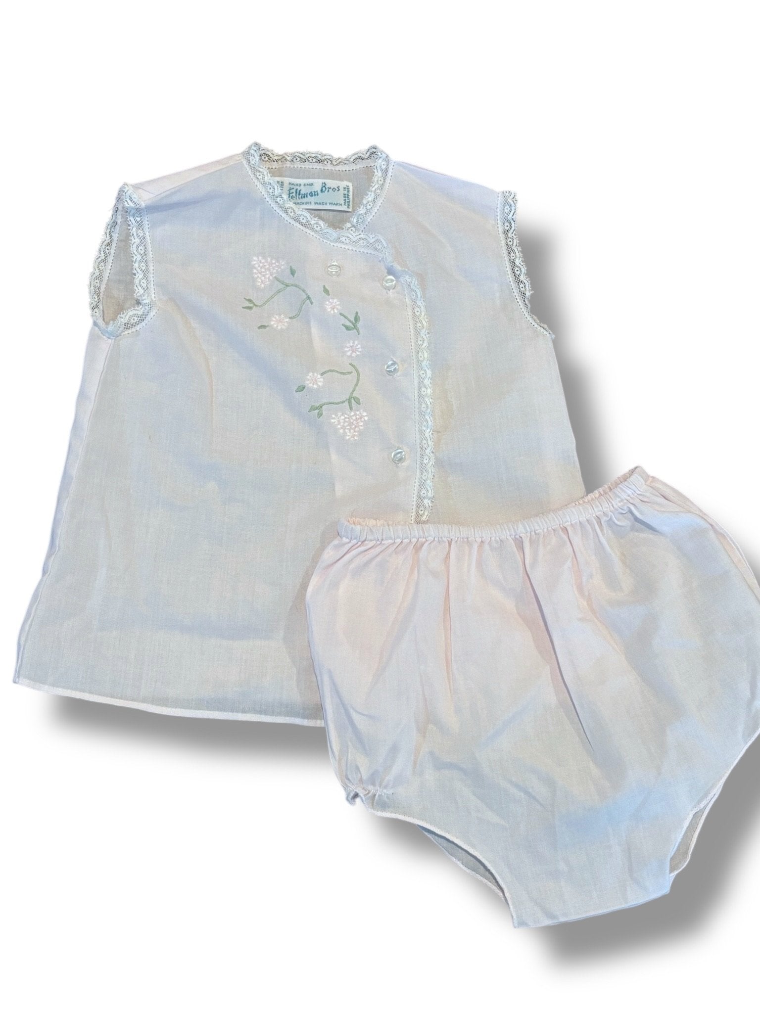 Size 6 month Feltman Brothers pale pink diaper set w/ embroidery, lace trim Default Title / 6 month / Girl