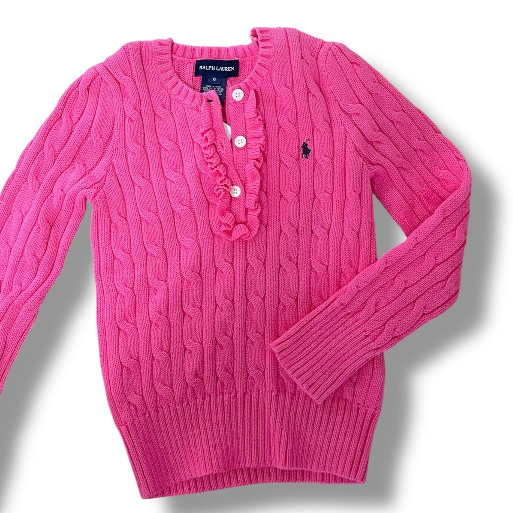 Size 6 Ralph Lauren pink cable knit sweater with buttons and navy polo logo NWT Default Title / 6 / Girl