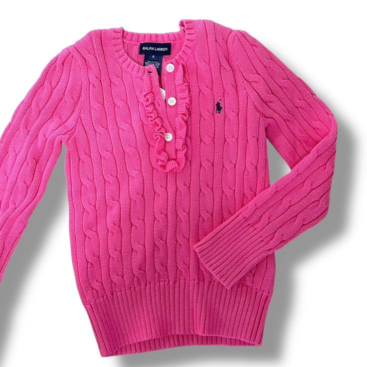 Size 6 Ralph Lauren pink cable knit sweater with buttons and navy polo logo NWT Default Title / 6 / Girl