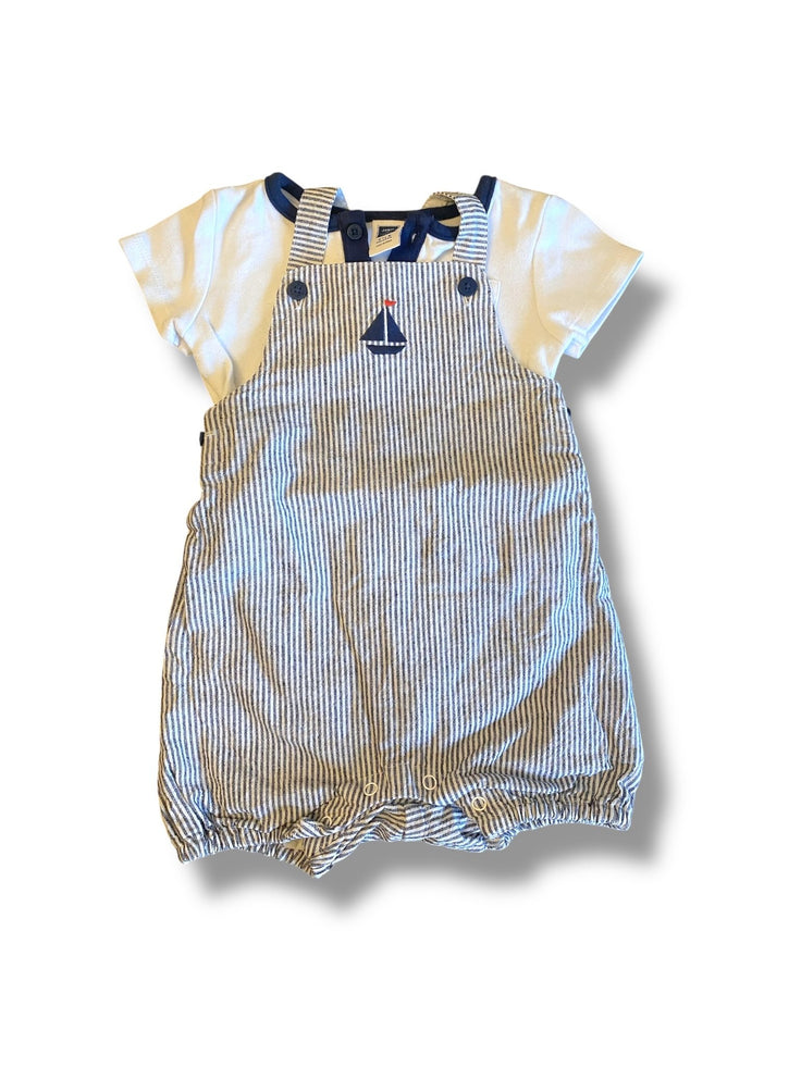 Size 3-6 month Janie and Jack blue and white short overall set with boat + matching hat Default Title / 3-6 month / Boy