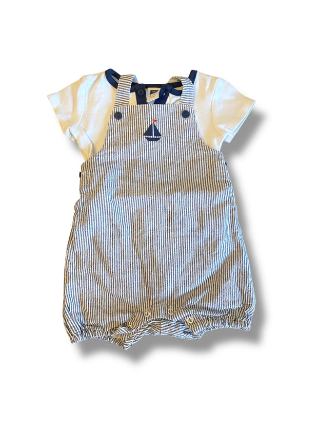 Size 3-6 month Janie and Jack blue and white short overall set with boat + matching hat Default Title / 3-6 month / Boy