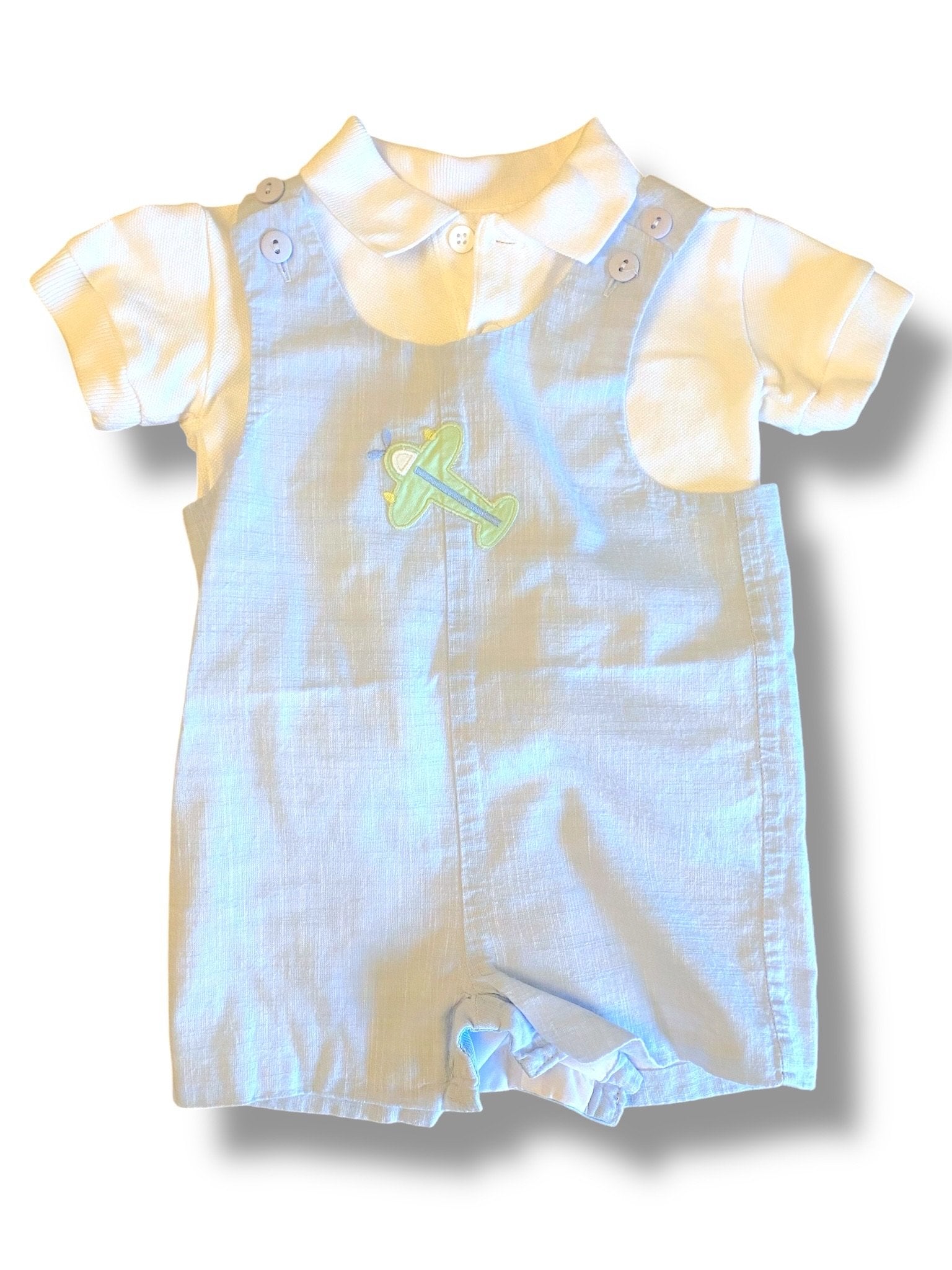 Size 9 month Florence Eiseman light blue short all with plane applique and white polo Default Title / 9 month / Boy
