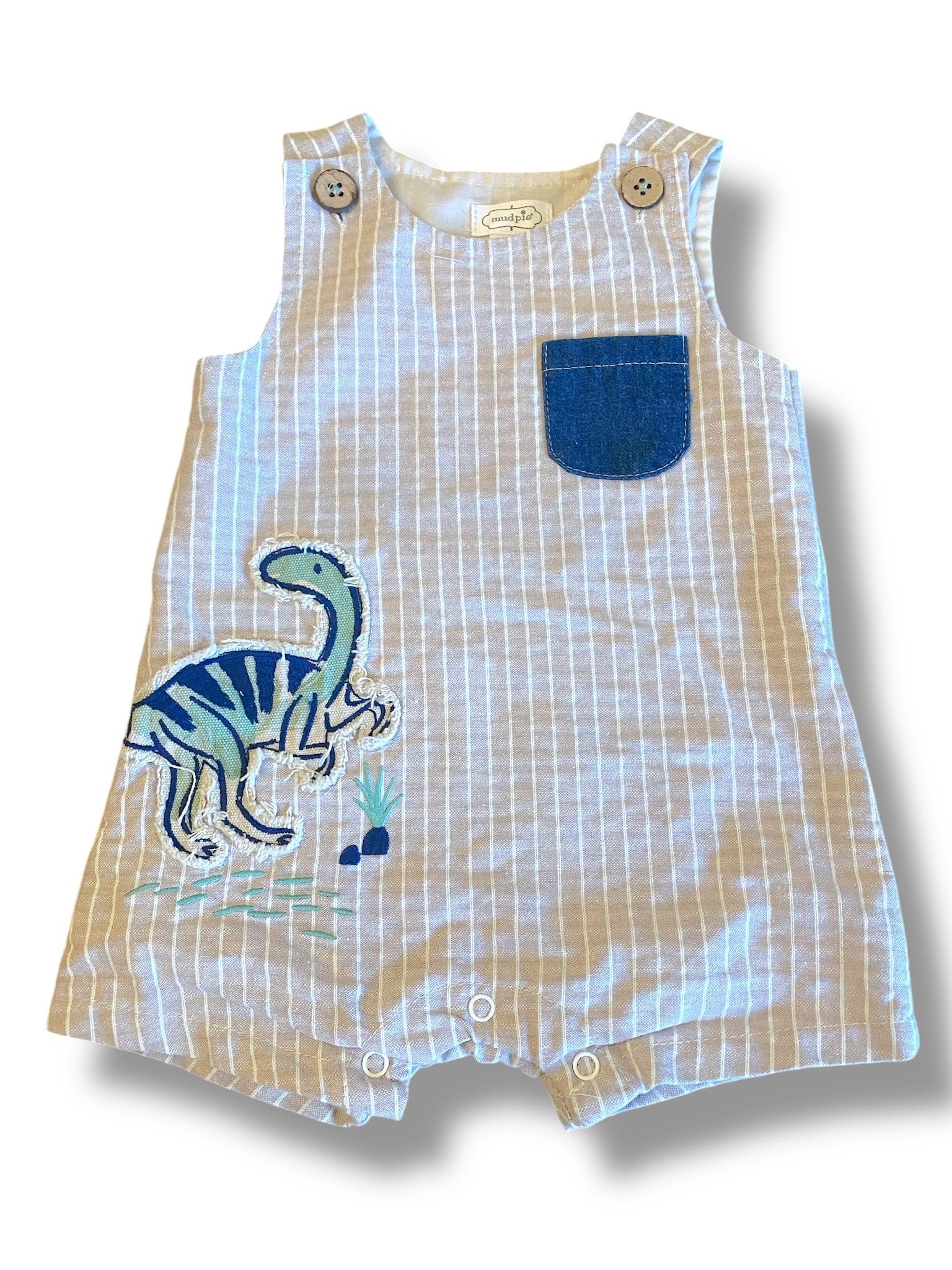 Size 6-9 month Mudpie khaki striped shortall with dinosaur applique Default Title / 6-9 month / Boy