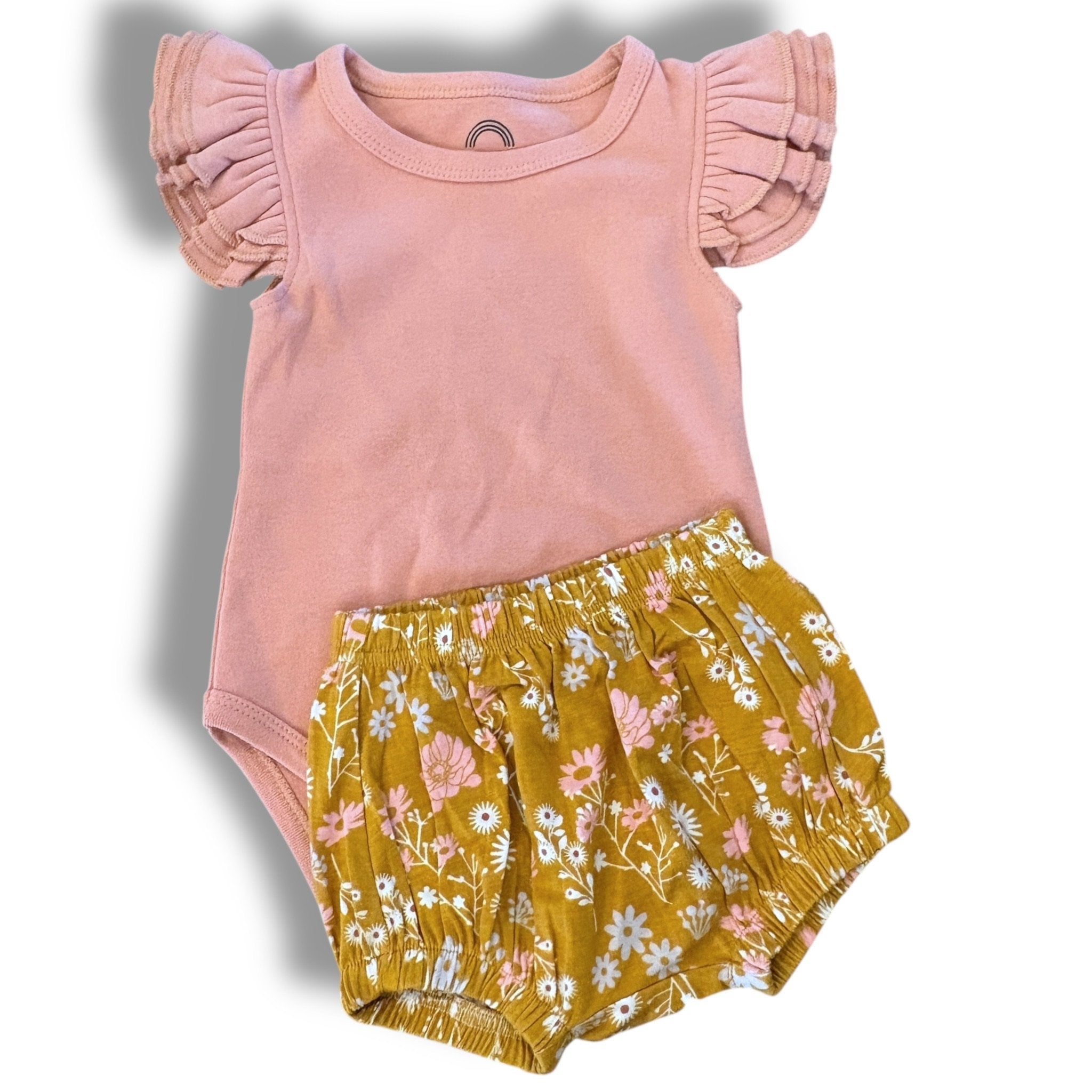 SIze 0-3 month Emerson dusty pink onesie with ruffle shoulders and mustard/pink bloomers Default Title / 0-3 month / Girl